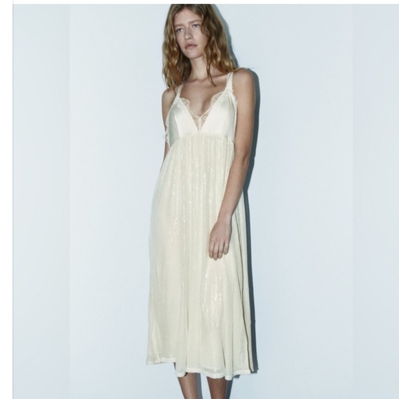 white glitter dress zara ZARA SS25 OYSTER-WHITE SEQUIN RUFFLE MINI DRESS XS-XL 3658/849 NWT Holiday Party